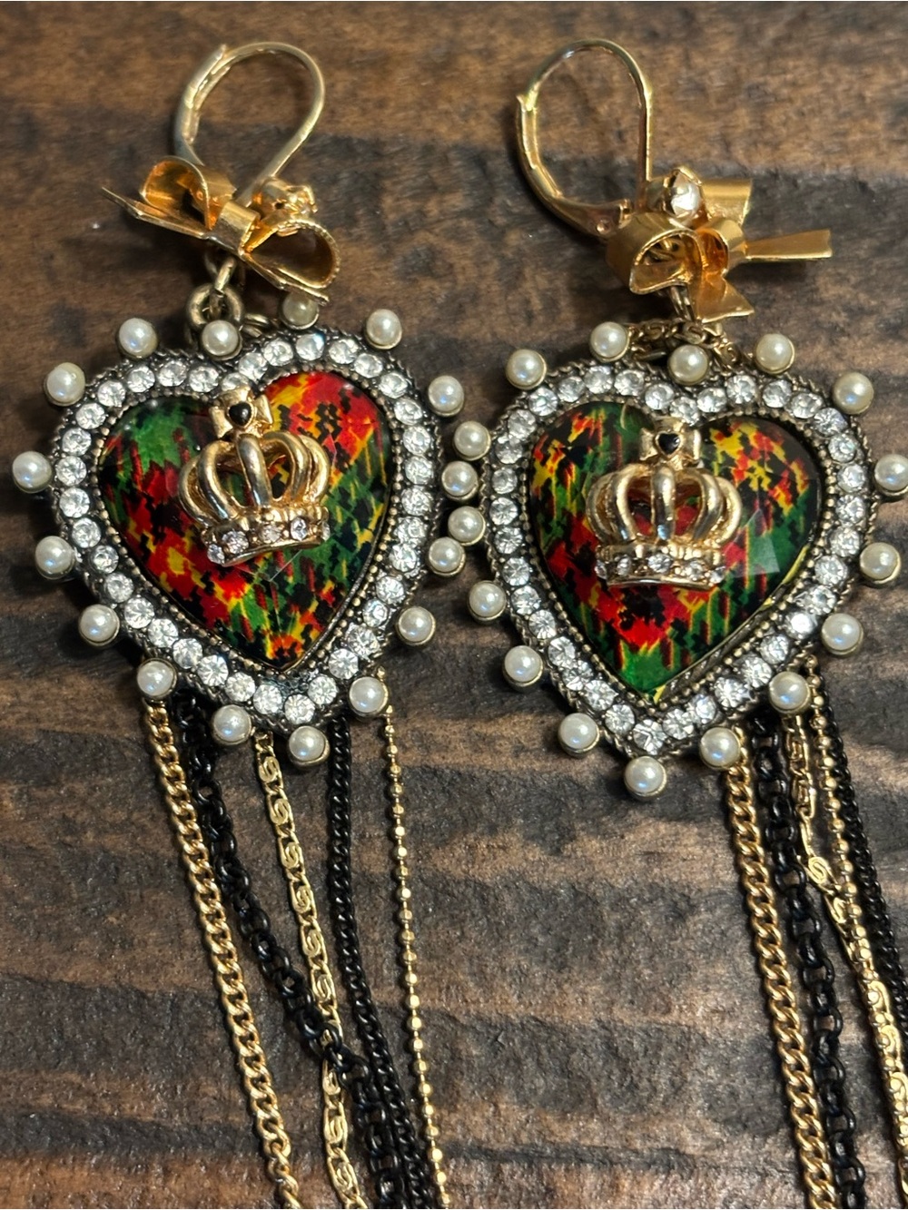 Betsey Johnson Gold Crown Heart Dangle Earrings with Multicolor Enamel Plaid - Picture 2 of 2